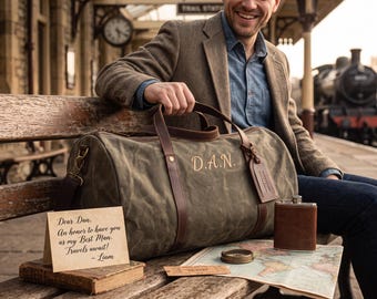 Canvas Travel Bag, Monogram Duffle Bag, Custom Initials Bag, Mens Weekend Holdall, Father's Day Gift, Groomsman Proposal, Gift for Him