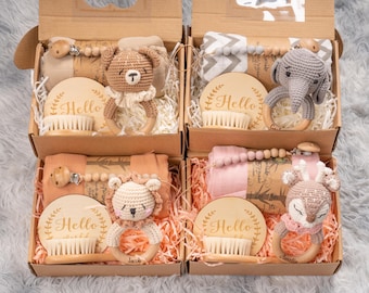 Babyparty Geschenkbox, Neugeborenen Geschenkbox mit Tierrassel, Baby Rassel Set, Willkommensbox Baby, Neugeborenen Geschenkset, Baby Geschenkbox, Neues Baby Geschenk