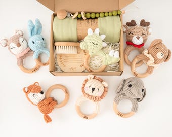 Babyparty Geschenkbox, Baby Geschenkbox, Neugeborenen Geschenkbox mit Tier häkeln Rassel, Baby Rassel Set, Willkommen Box Baby, Neues Baby Geschenk