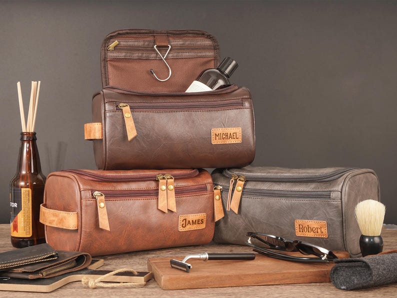 Personalized leather toiletry bag with engraved initials – custom groomsmen gift