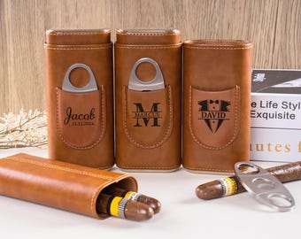 Engraved Leather Cigar Case with Cutter – Personalized Travel Cigar Case, Cigar Holder, Groomsmen Gift, Gift for Him