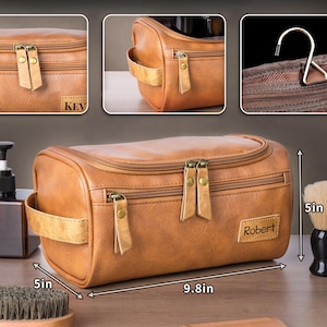 Monogrammed leather dopp kit with spacious interior – birthday gift for him