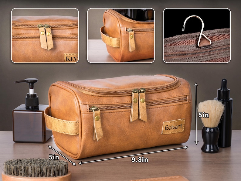 Monogrammed leather dopp kit with spacious interior – birthday gift for him