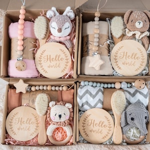 Neues Baby-Geschenkset, Benutzerdefinierte Neugeborenen-Baby-Geschenkbox, Gehäkelte Tierrasselkette, Babyparty-Geschenkbox, geschlechtsneutrales Geschenk für die neue Mutter