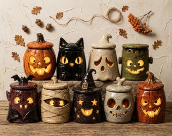 Handmade Ceramic Pumpkin Tealight Holder, Cozy Monster Candle Lantern, Vintage Spooky Decor, Family Fall Gift,  Autumn Accent