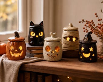 Ceramic Mummy Halloween Lantern, Monster Candle Holder, Rustic Fall Accent, Coworker Autumn Gift