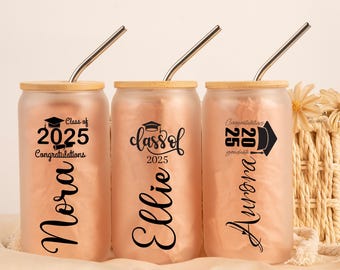 Taza de graduación personalizada con tapa, regalos de graduación 2025, taza de café helado, vaso para birrete, vaso de vidrio con nombre personalizado, regalo de la clase de 2025