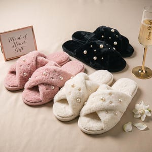 Pink and Black Bridesmaid Slippers, Fuzzy Pearl Bridal Slippers, Getting Ready Outfits, Bridesmaid Proposal Box Filler, Spa Party