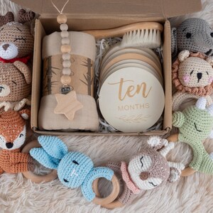Caja de regalo para recién nacidos, set de regalo con sonajero de crochet, manta, cepillo, pinza para chupete y discos de hitos de 1 a 12 meses / Regalo para baby shower de niño y niña