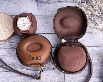 Travel Watch Box for Men – Personalized Crazy Horse Leather Watch Case, Brown Jewelry Organizer, Groom or Father’s Day Gift