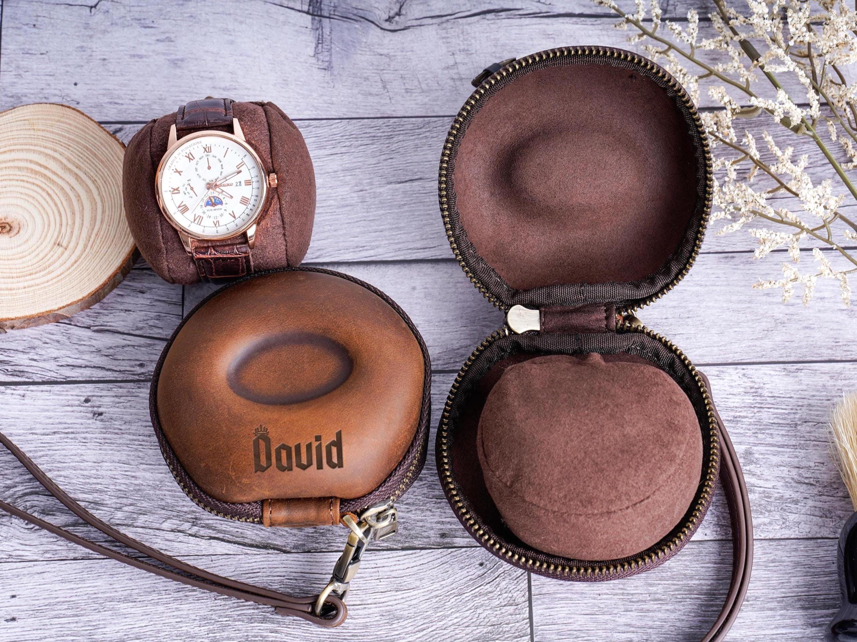 Travel Watch Box for Men - Personalized Crazy Horse Leather Watch Case, Brown Jewelry Organizer, Groom or Father's Day Gift