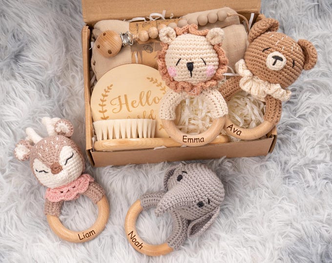 Baby Shower Gift Box Personalized – Newborn Gift Set with Animal Crochet Rattle, Pacifier Clip & Welcome Baby Keepsake