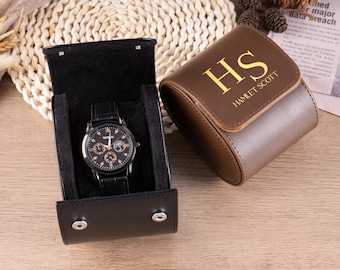 Engraved Leather Watch Box – Personalized Travel Watch Case, Groomsmen or Father’s Day Gift, Custom Watch Roll for Men