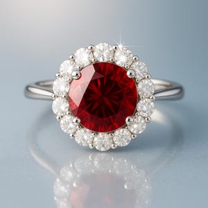 Natural Rhodolite Red Garnet & Diamond Halo Ring 7.58 Ct. Passion Radiance Ring, Handcrafted Gold or Platinum Alloy | Engagement | Statement