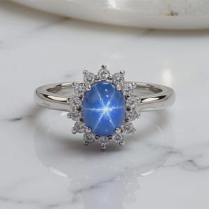 2.34 Ct. Unheated Blue Sar Sapphire Diamonds Gold Platinum Ring, Handmade Ring, Star Sapphire Ring, Halo, Engagement Ring, Rare Sapphire.