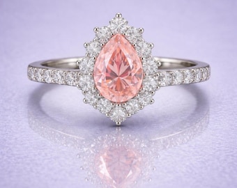 Anillo de compromiso artesanal con halo de zafiro padparadscha natural sin tratamiento térmico y diamantes de 1,21 ct – Personalizable en oro o platino.