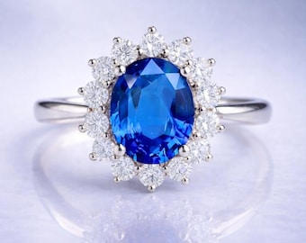 GIA Certified Natural Blue Sapphire & Diamond Handcrafted Halo Engagement Ring 1.90 Ct–Customizable in Gold or Platinum Princess Diana Style