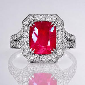 GIA Certified Natural Unheated Red Ruby & Diamond Handcrafted Imperial Legacy Halo Statement Ring 6.00 CTW–Customizable in Gold or Platinum