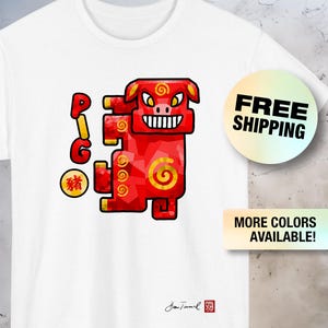 El cerdo. Signo del zodíaco chino Cerdo. Diseño en espiral divertido. Símbolo de suerte y prosperidad. Camiseta unisex. Bram Tanamal