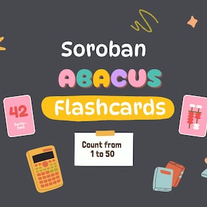 Tarjetas didácticas coloridas sobre el ábaco, cálculo mental rápido, números del 1 al 50