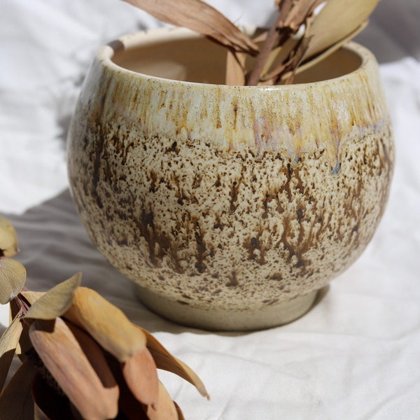 Handmade Ceramic Round Orb Vase Plant Pot - Brown Freckle and Matte Beige