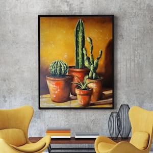Original Cactus Oil Painting, Floral Plant Canvas Artwork, Abstract Modern Wall Art, Cactus Succulent Wall Decor
