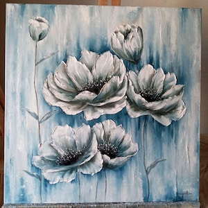 Pintura al óleo floral azul claro sobre lienzo, pintura original de la naturaleza, arte mural moderno de flores, regalo de inauguración de la casa.