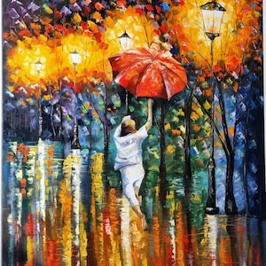 Moody Rainy Day Autumn Painting, City Street Light Oil Painting On Canvas, Large Original Fall Umbrella Wall Art, Walking In The Rain Art