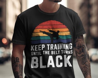 Kontynuuj trening, aż pas stanie się czarny PNG | Sublimacja motywacyjna do sztuk walki | Projekt zawodnika karate taekwondo | Inspirująca siłownia