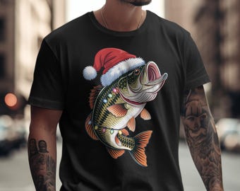 Czapka Świętego Mikołaja z Bass Fish PNG | Zabawne światełka wędkarskie z sublimacją | Projekt świątecznej koszulki rybaka