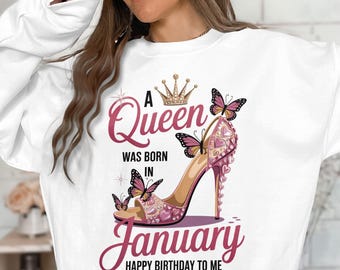 A Queen Was Born in January PNG | Butterfly High Heel Birthday Shirt Design | Glam Birthday Queen Sublimation File | Digital Download