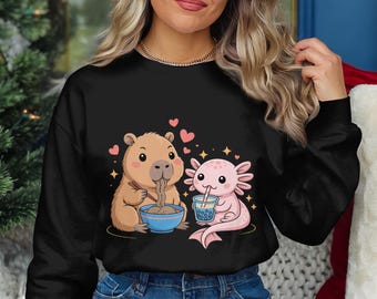 Cute Capybara & Axolotl Ramen Bubble Tea PNG | Kawaii Animal Friends Shirt Digital Design