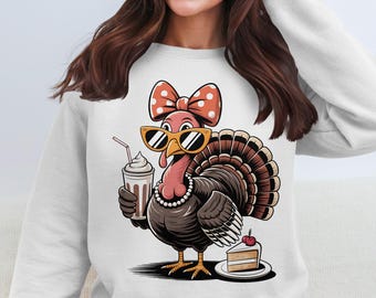 Grappige kalkoen-png | Retro Thanksgiving-sublimatieontwerp | Coole Turkije-clipart met taart | Afdrukbaar herfstvakantieshirt