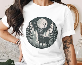 Moonlit Stag PNG | Deer Under Full Moon Forest Art | Wildlife Night Scene | Rustic Nature Sublimation