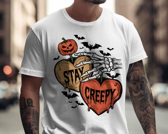 Stay Creepy PNG | Halloween Skeleton Hand Pumpkin Heart Sublimation Design | Spooky Season Creepy Cute Graphic