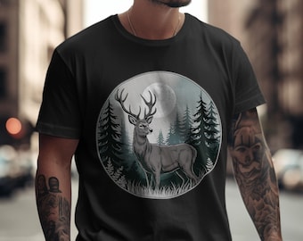 Moonlit Stag PNG | Deer Under Full Moon Forest Art | Wildlife Night Scene | Rustic Nature Sublimation