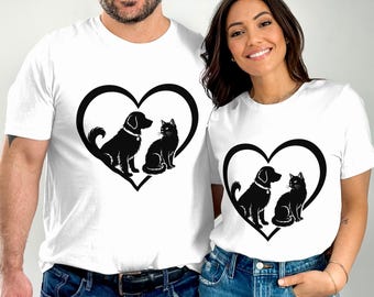 Zarys serca pary kotów w formacie PNG | Grafika liniowa z dwoma zakochanymi kotami | Projekt sublimacji z kotkiem walentynkowym