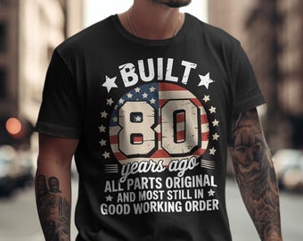 80e verjaardag digitaal png-ontwerp – grappige vintage shirtafbeelding voor mannen, vrouwen, patriottisch VS-cadeau, 80 jaar oude download