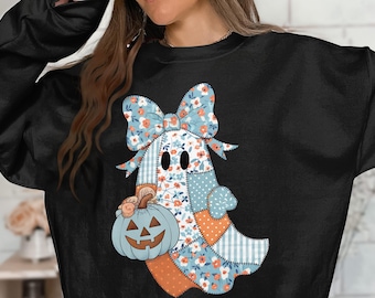 Farmhouse Halloween Ghost PNG: Patchwork Pumpkin Design (Digital Download)