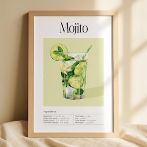Póster de cóctel mojito con impresión digital, tarjeta con receta de bebida de autor, arte estético para carrito de bar, acuarelas, arte mural para cocina, bar en casa