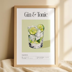 Minimalistischer Cocktail-Rezept-Druck – anspruchsvolles Gin Tonic Design – Barwagen, Dekoration für die Hausbar, Wandkunst für die Küche, Geschenk für Cocktail-Liebhaber