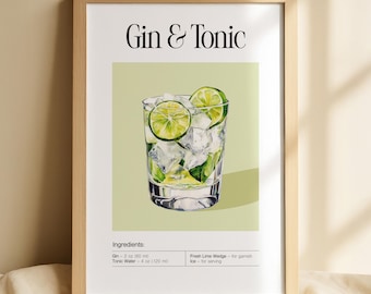 Lámina con receta de gin-tonic: Arte minimalista para carrito de bar (descarga digital)
