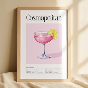 Stampa Cosmopolitan, Ricetta Cocktail Wall Art, Illustrazione di Vodka Rosa, Decorazione da Bar Cucina, Download Digitale Poster Mixology, Carrello Bar