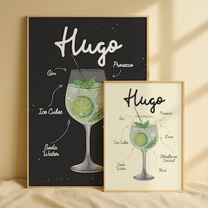 Hugo Cocktail Poster, Hugo Spritz Druck, Rezeptkarte, Retro Wandkunst, Alkohol Sommer Signature Drink, Küchendekoration, Vintage Barwagen