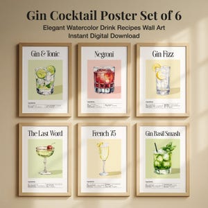 Puede incluir: Conjunto de seis láminas enmarcadas con recetas de cócteles de ginebra en acuarela. Cada lámina muestra un cóctel diferente, como Gin & Tonic, Negroni y Gin Fizz, con ilustraciones elegantes y listas de ingredientes. El texto "Gin Cocktail Poster Set of 6" está en la parte superior.