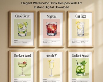 Gin Cocktail Recipe Prints: Elegant Watercolor Bar Art Set (Digital Download