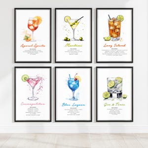 Set de impresión de recetas de cócteles sin alcohol, arte mural de cócteles sin alcohol, póster de acuarela, decoración de bar, arte de cócteles vírgenes, imprimible para la cocina