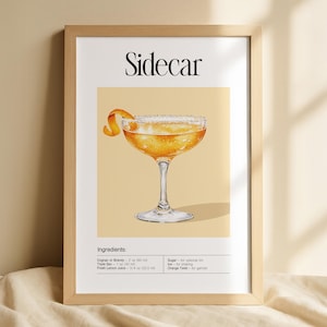 サイドカーカクテルレシピプリント、ウォールアートデジタルプリント、アルコールサマーシグネチャードリンクサイン、キッチンデコレーション、バーカートプリント、ミクソロジーアート