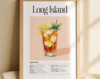 Lámina de acuarela de Long Island Iced Tea: Receta de cóctel (Descarga digital)