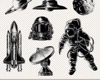 Space SVG Bundle – 7 Retro Sci-Fi Clipart Designs for Cricut, Laser Engraving, Shirts, Astronaut UFO Rocket Moon Alien Silhouette Files
